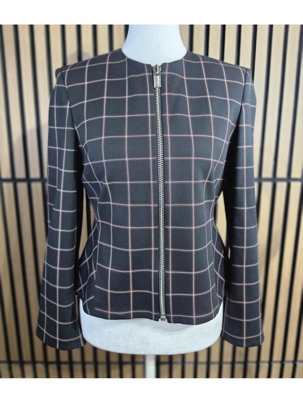 Theory CL Peplum JKT Womens 6 Black Windowpane Check Lined Full Zip Jacket